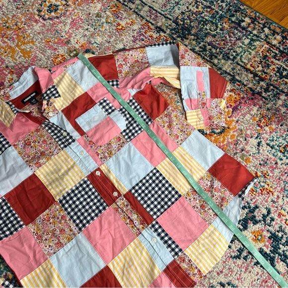 Lands' End Red Pink Casual Button Down Shirt Patchwork Poplin Boyfriend Quilt - Picture 10 of 10